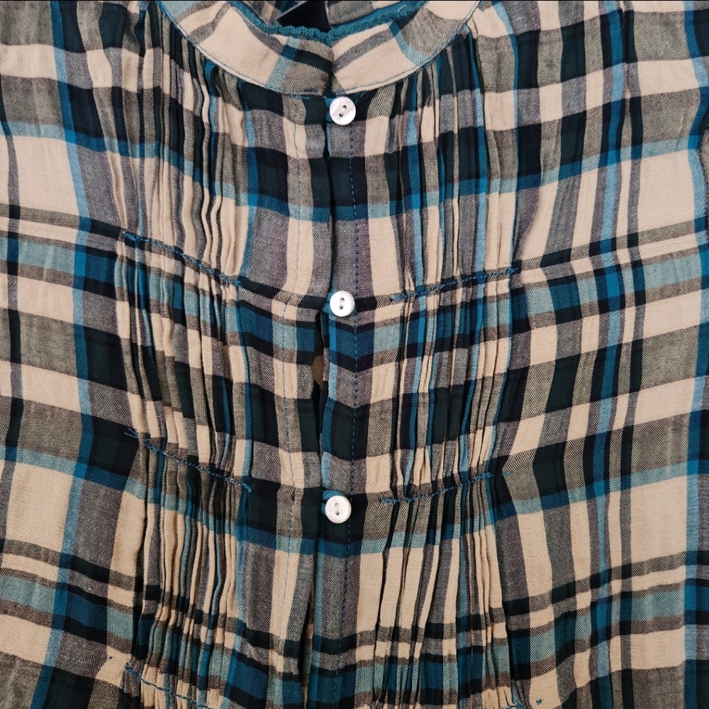 Zara Girls Tan & Green Plaid Button-Up Long Sleeve Peasant Dress - Picture 4 of 7